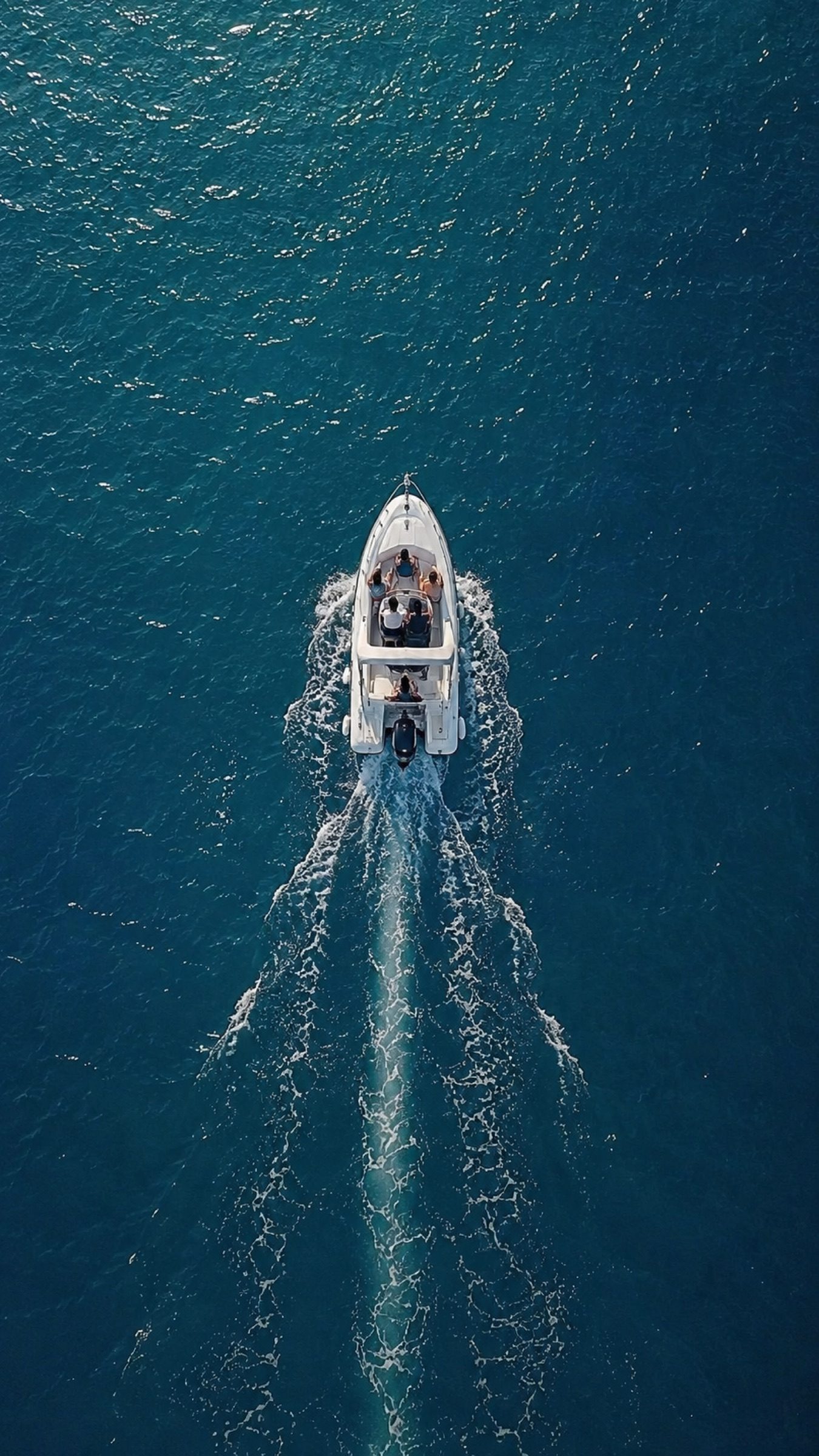 The boat seen from directly above, cutting a long white wake across deep blue water