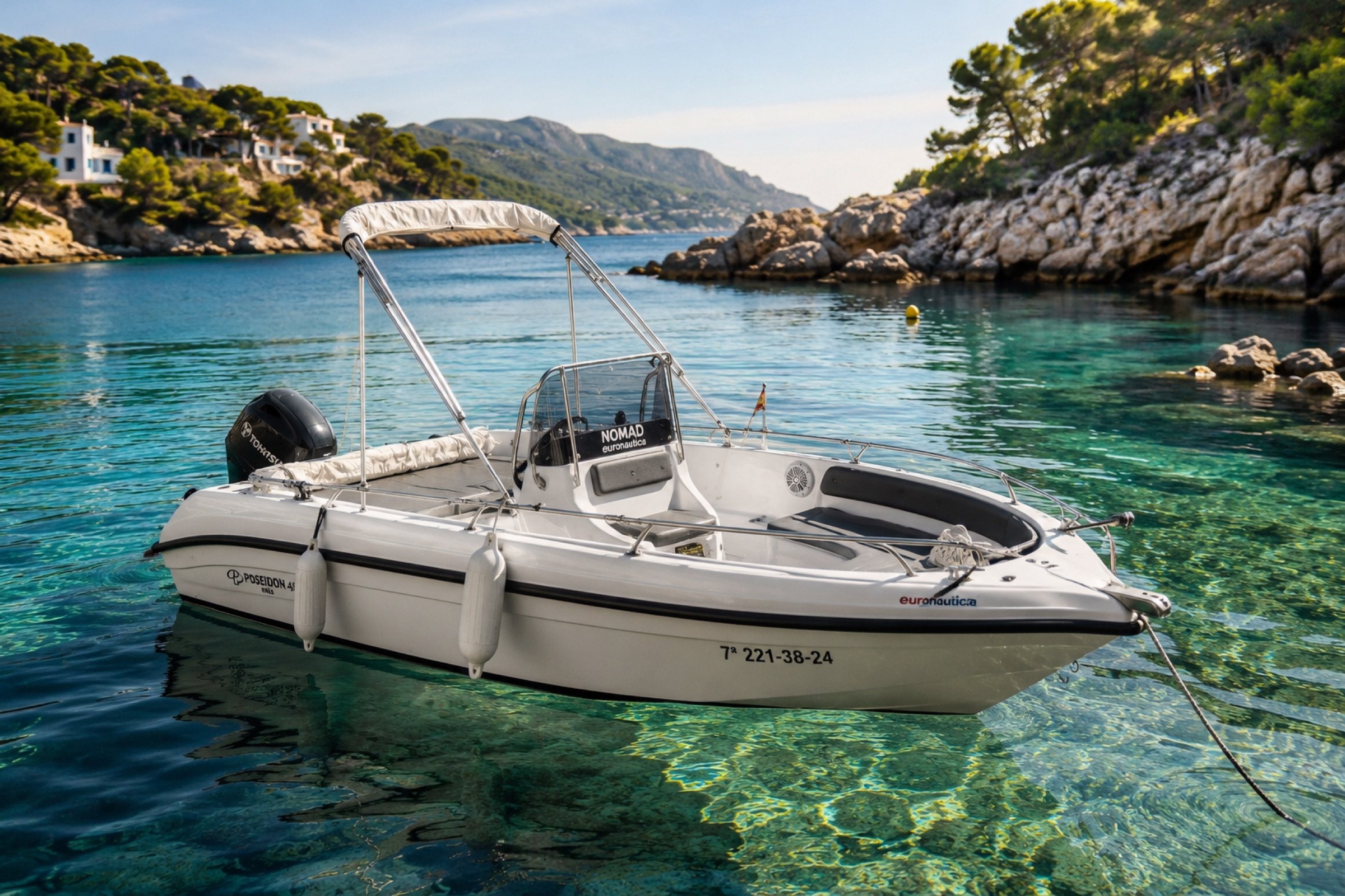The empty boat floating at anchor in shallow clear water