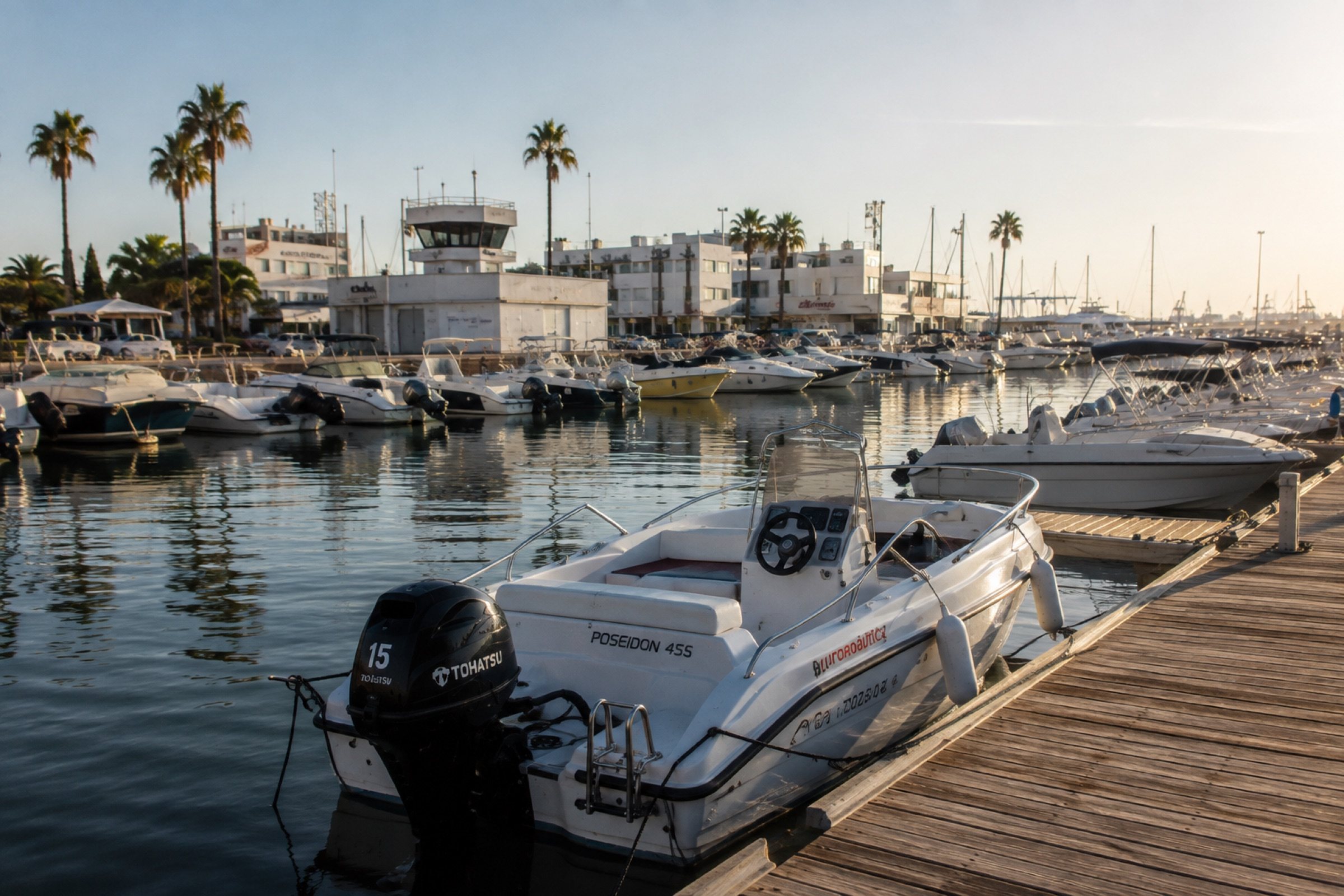 The boat tied up at the pontoon in the marina in early morning light