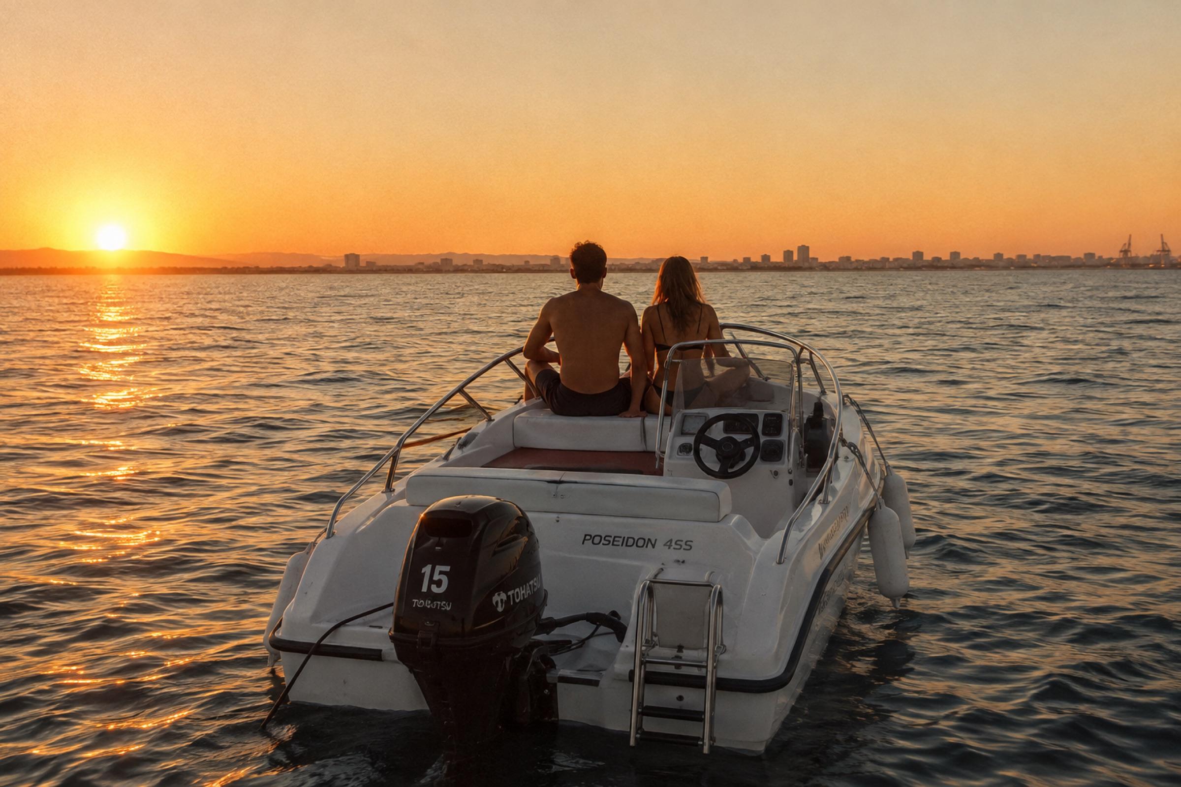 A couple sitting on the bow of the boat watching the sun set over the coastline